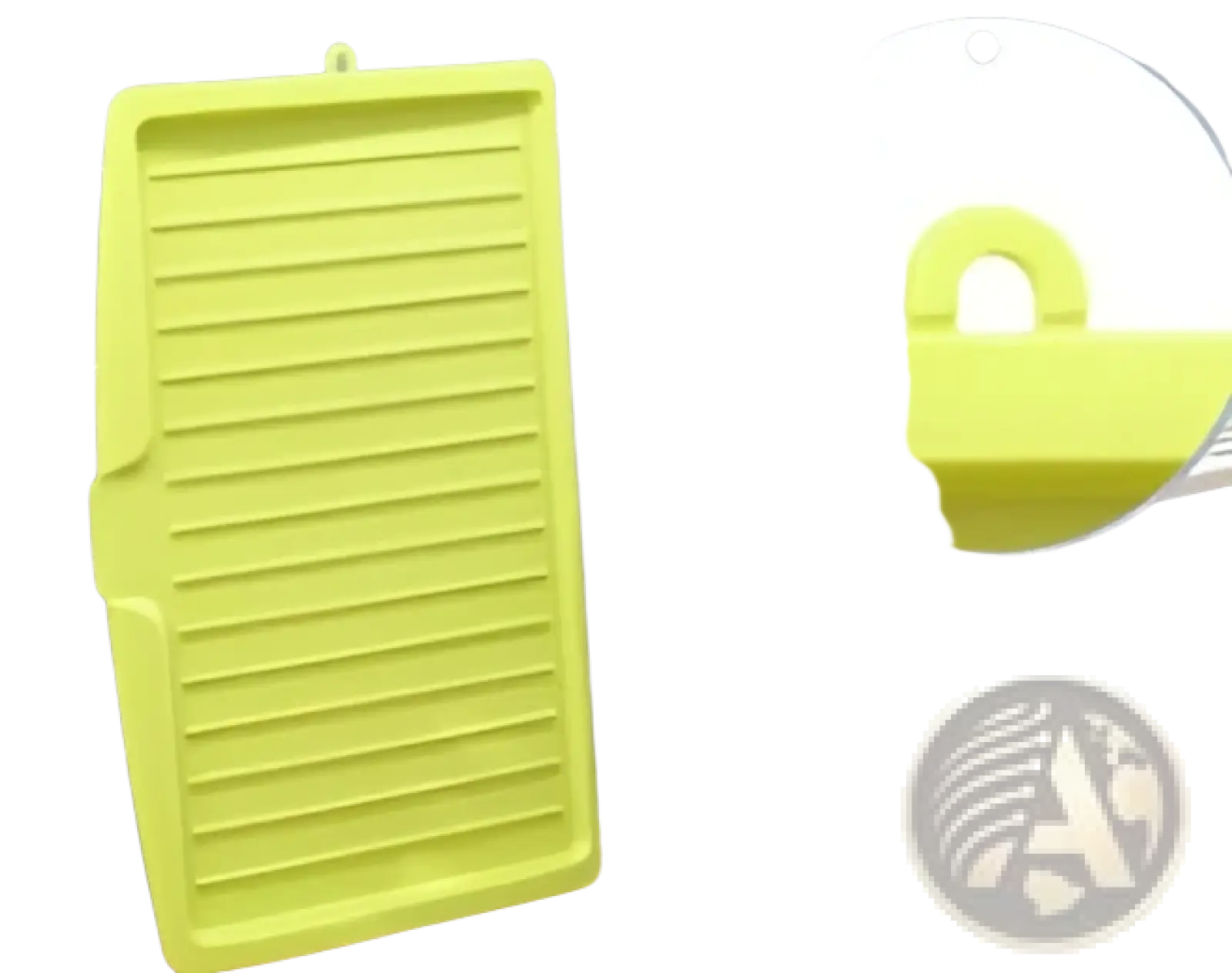 Lime green silicone dish drying mat with vertical ridges and curved handle for kitchen rack measuring 45x31cm