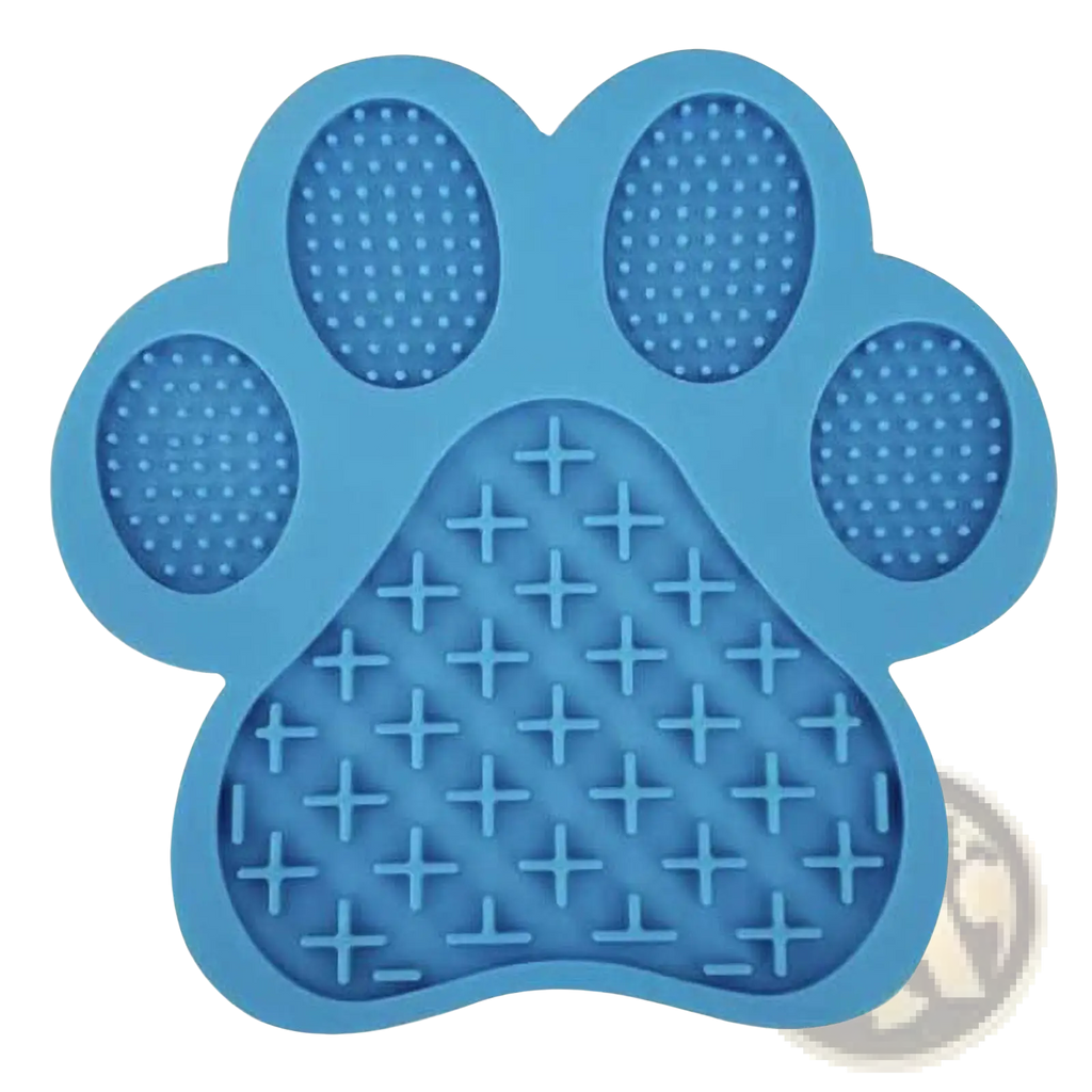 Blue silicone dog bath lick pad grooming mat with textured paw-shaped surface for scratching and massaging pets
