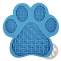 Blue silicone dog bath lick pad grooming mat with textured paw-shaped surface for scratching and massaging pets