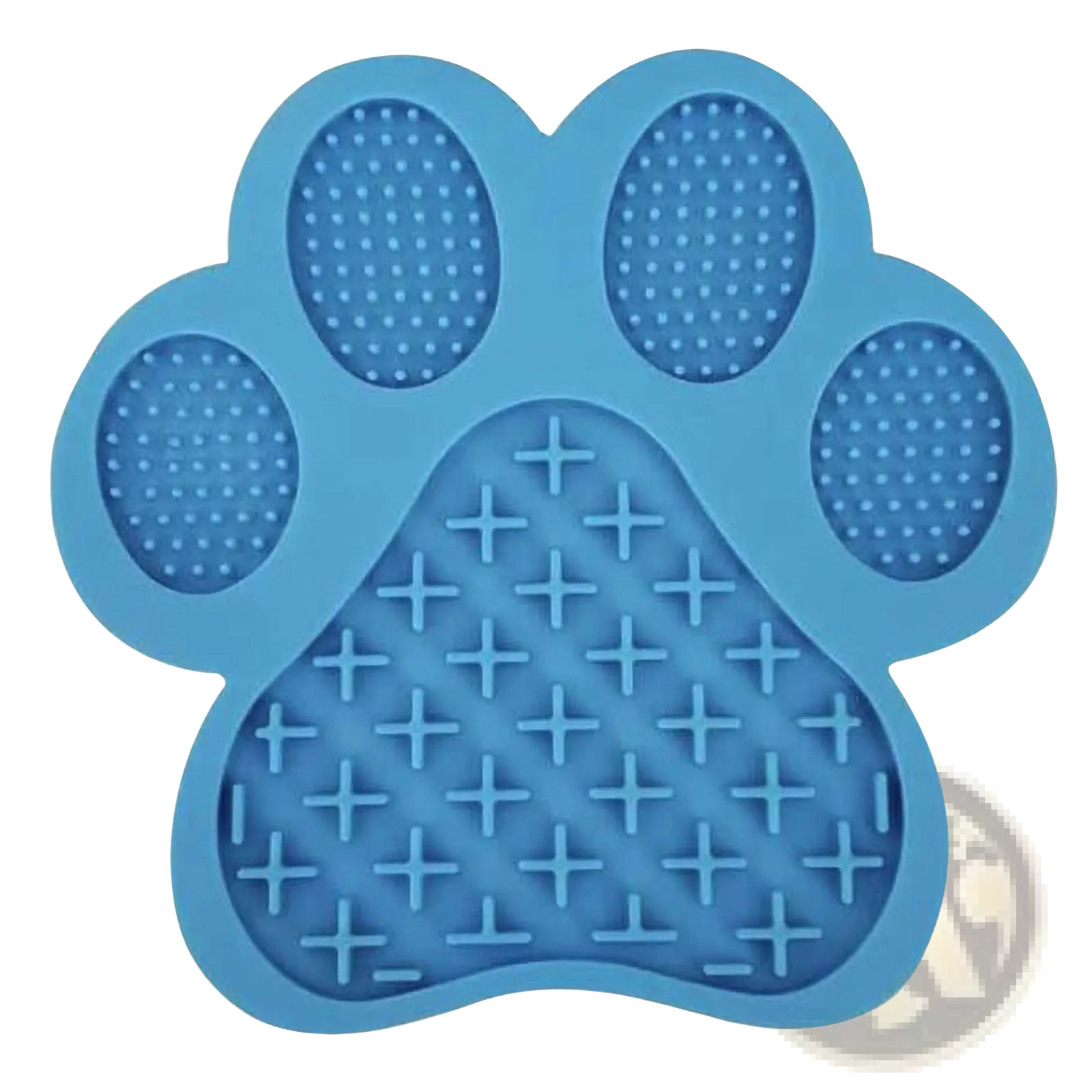 Blue silicone dog bath lick pad grooming mat with textured paw-shaped surface for scratching and massaging pets