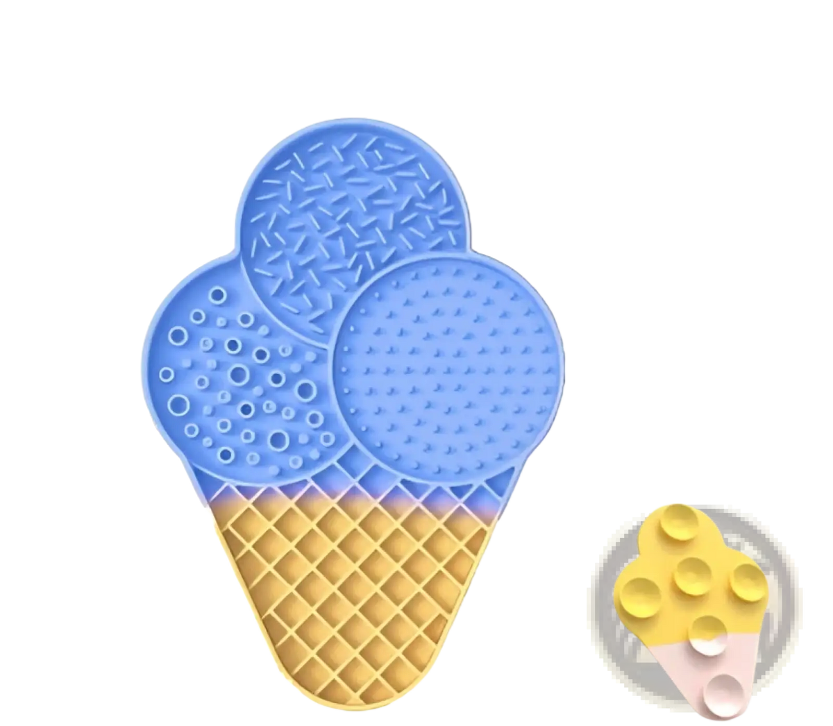 Silicone dog bath lick pad grooming mat shaped like a blue ice cream with yellow waffle cone base