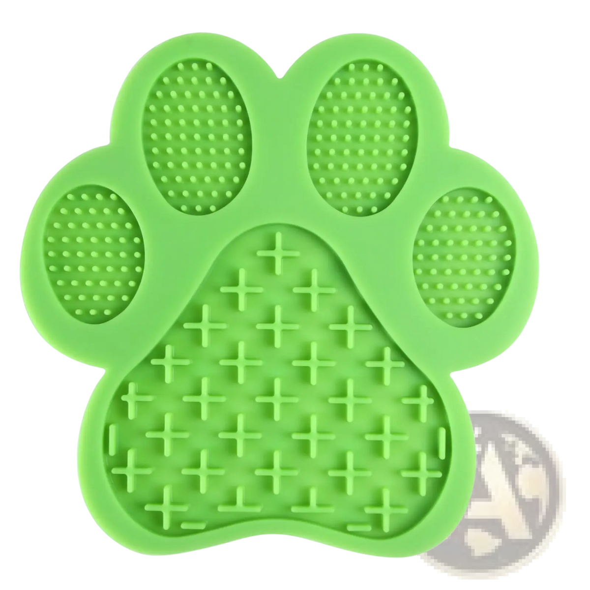 Bright green silicone dog bath lick pad grooming mat with textured paw shape for scratching and massaging pets