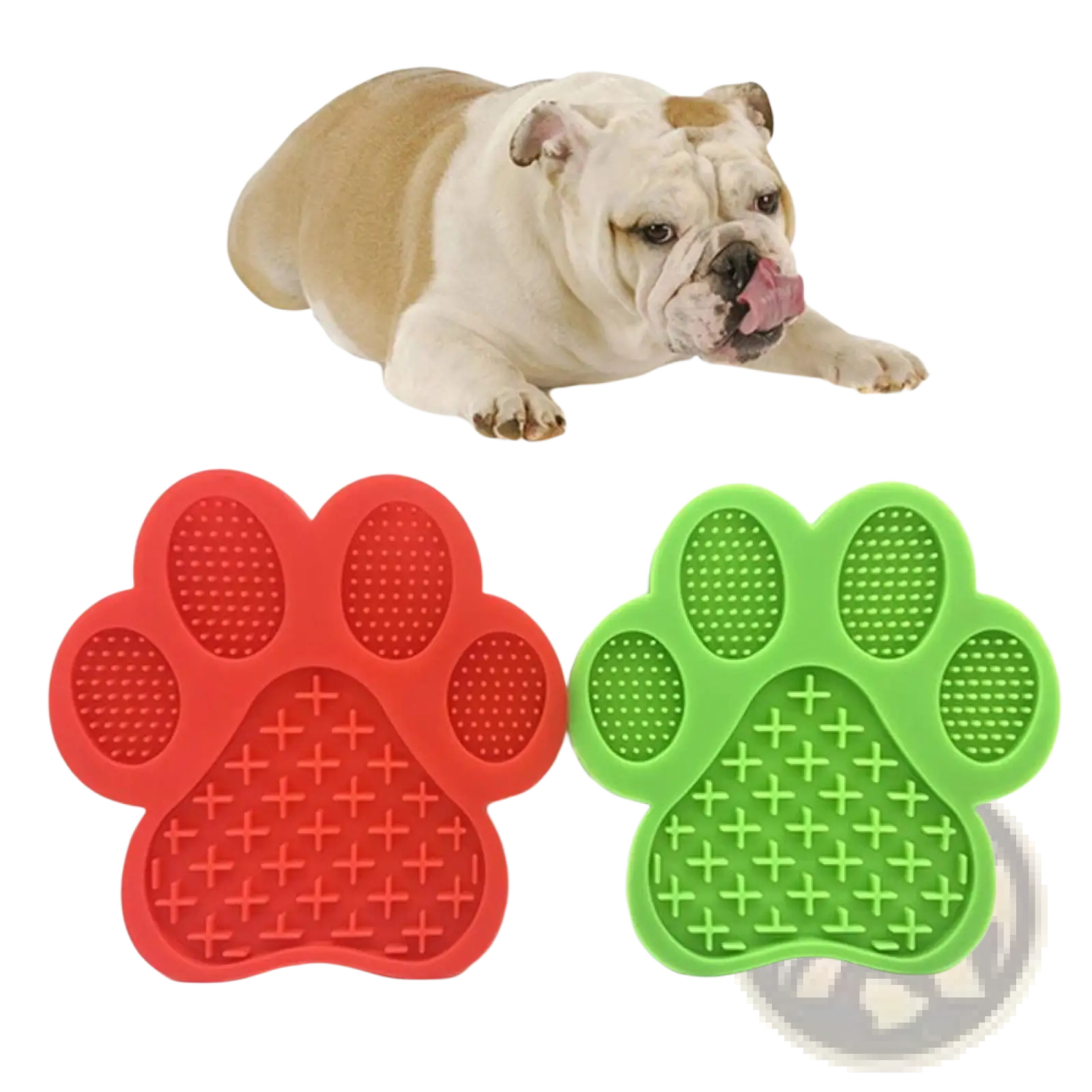 Silicone dog bath lick pad grooming mat with red and green paw-shaped textured surfaces for nail trimming and scratching
