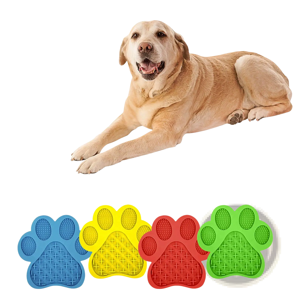 Silicone dog bath lick pad grooming mats in yellow blue red and green made of silicone with paw-shaped design