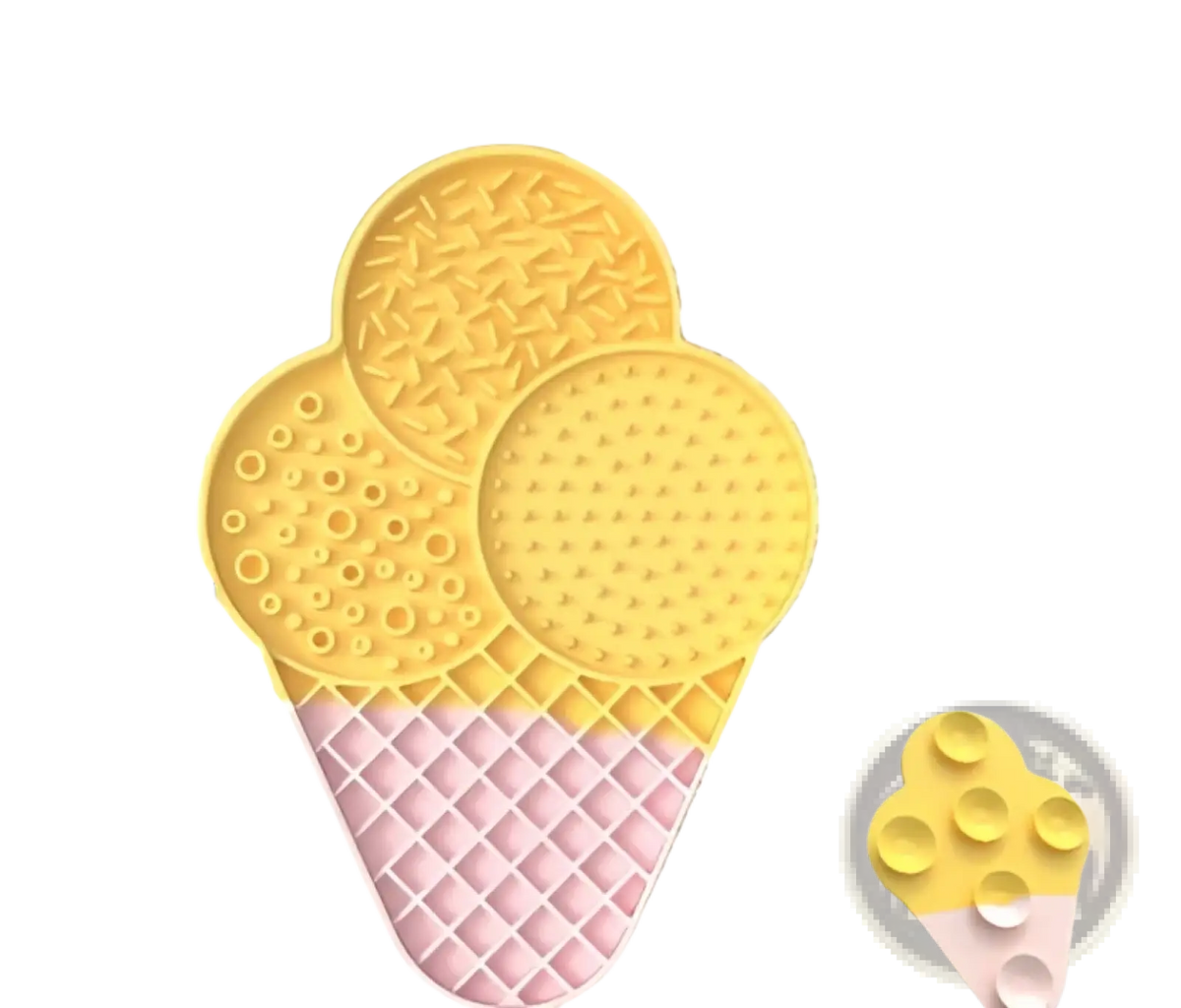 Yellow and pink silicone dog bath lick pad grooming mat shaped like ice cream with textured dotted surfaces