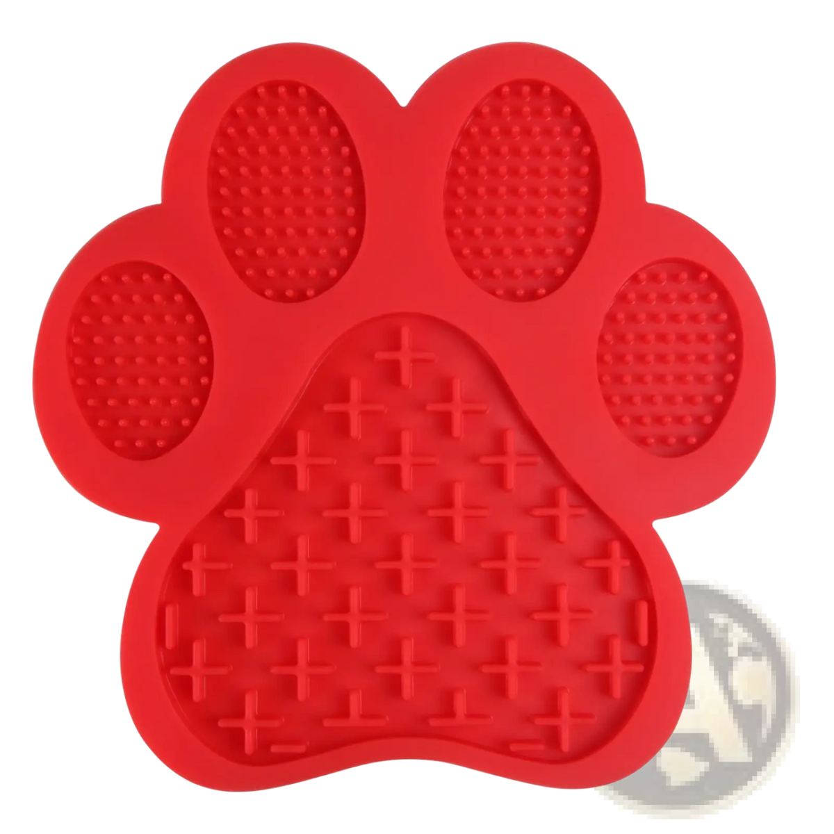 Red silicone dog bath lick pad grooming mat with paw shape and textured surfaces for scratching and massaging