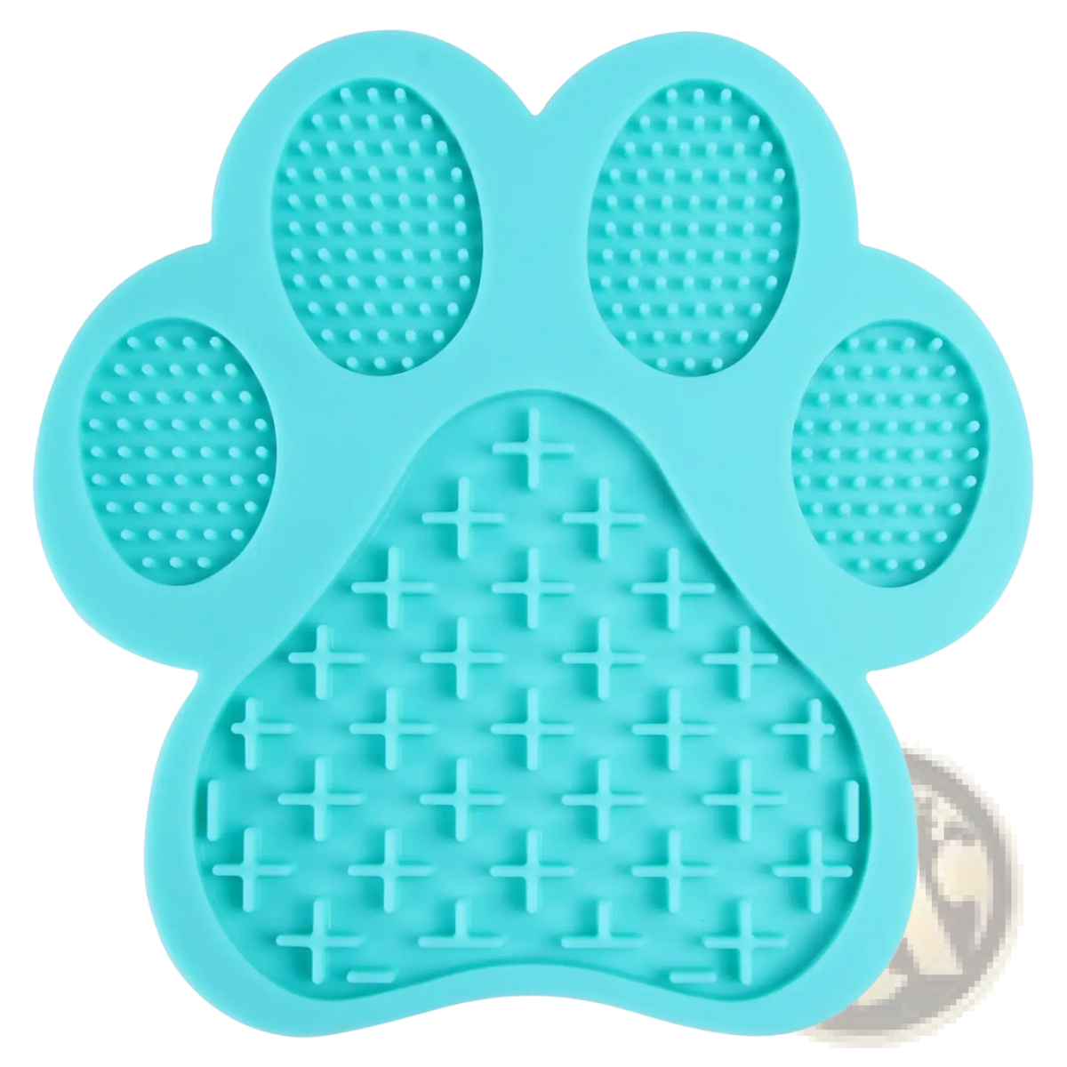 Turquoise silicone dog bath lick pad grooming mat shaped like a paw with textured surfaces for scratching and massaging