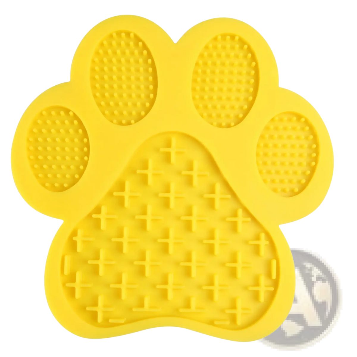 Yellow silicone dog bath lick pad grooming mat with paw shape and textured surfaces for scratching and massaging