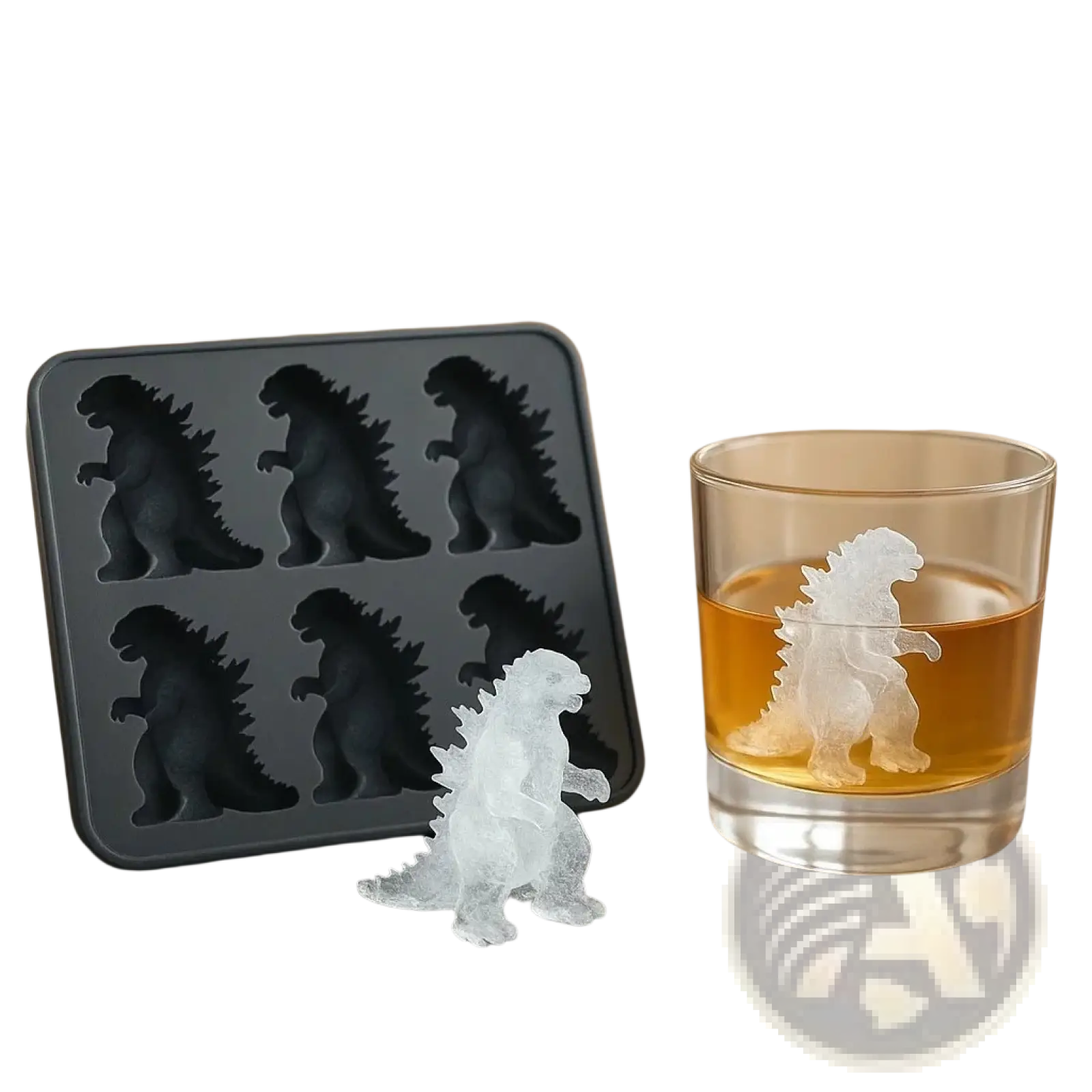 Black silicone godzilla ice cube tray with six cavities and a clear plastic godzilla-shaped ice cube for molding