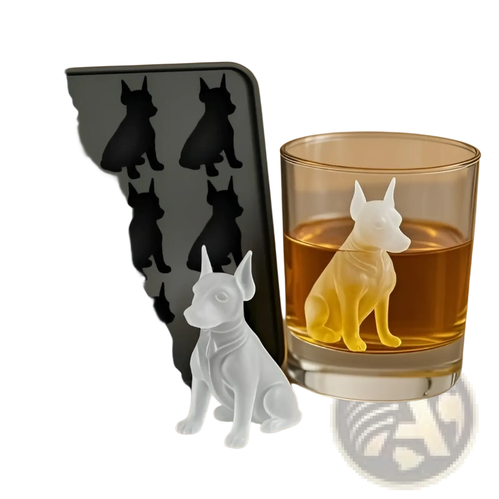 White translucent silicone dog-shaped ice cube tray and coaster set for making ice cubes and beverage coasters