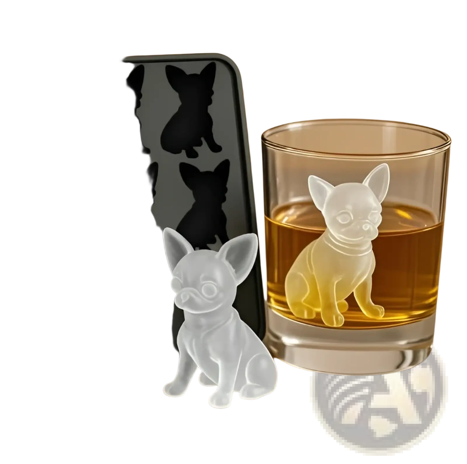 Clear frosted silicone chihuahua-shaped ice cube mold with detailed facial features and sitting posture from dog and godzilla set