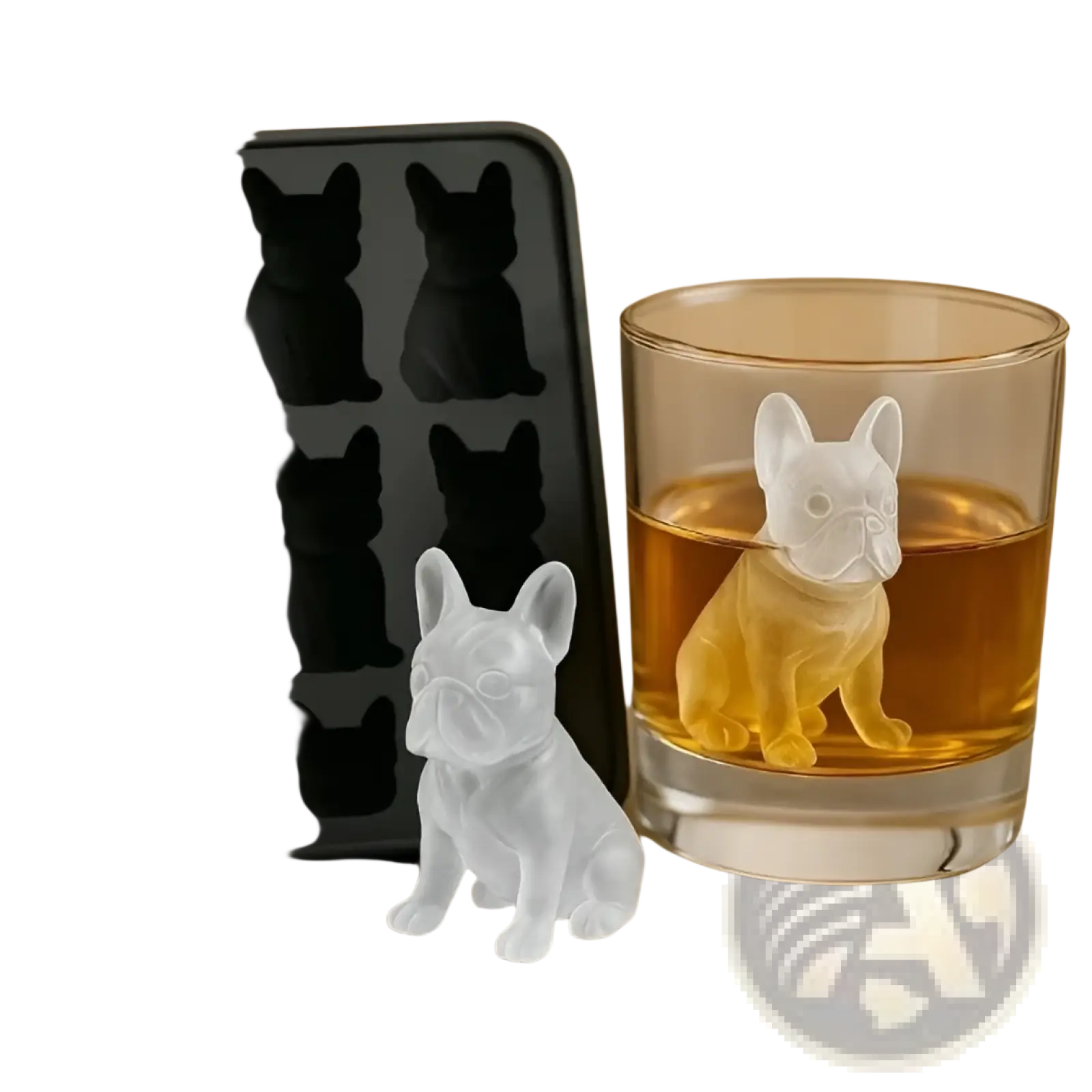 Clear french bulldog-shaped silicone ice cube tray mold set for making dog and godzilla shaped ice cubes