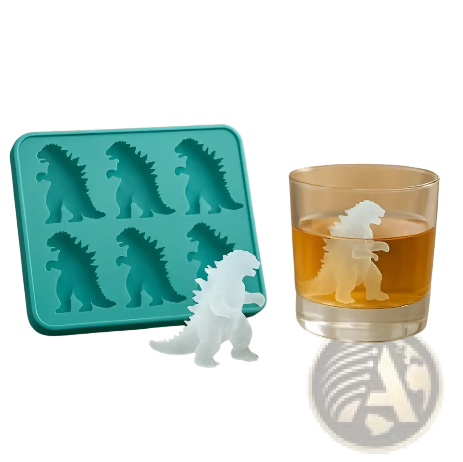 Teal silicone godzilla ice cube tray with six cavities and a matching translucent white frozen godzilla figure for freezing
