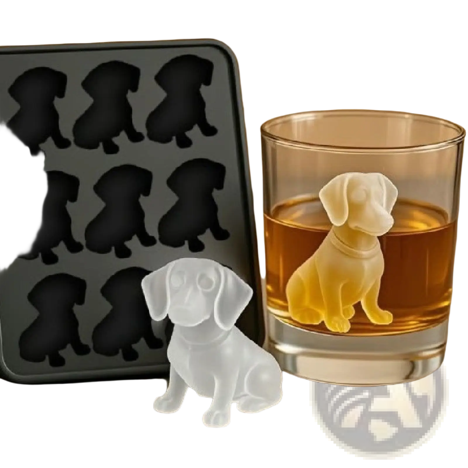 Transparent dog-shaped ice cube made using black silicone mold from the silicone dog and godzilla ice cube tray set