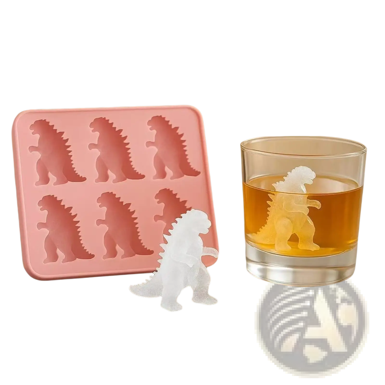 Pink silicone godzilla ice cube tray mold set with six cavities and a white translucent frozen godzilla figure beside it