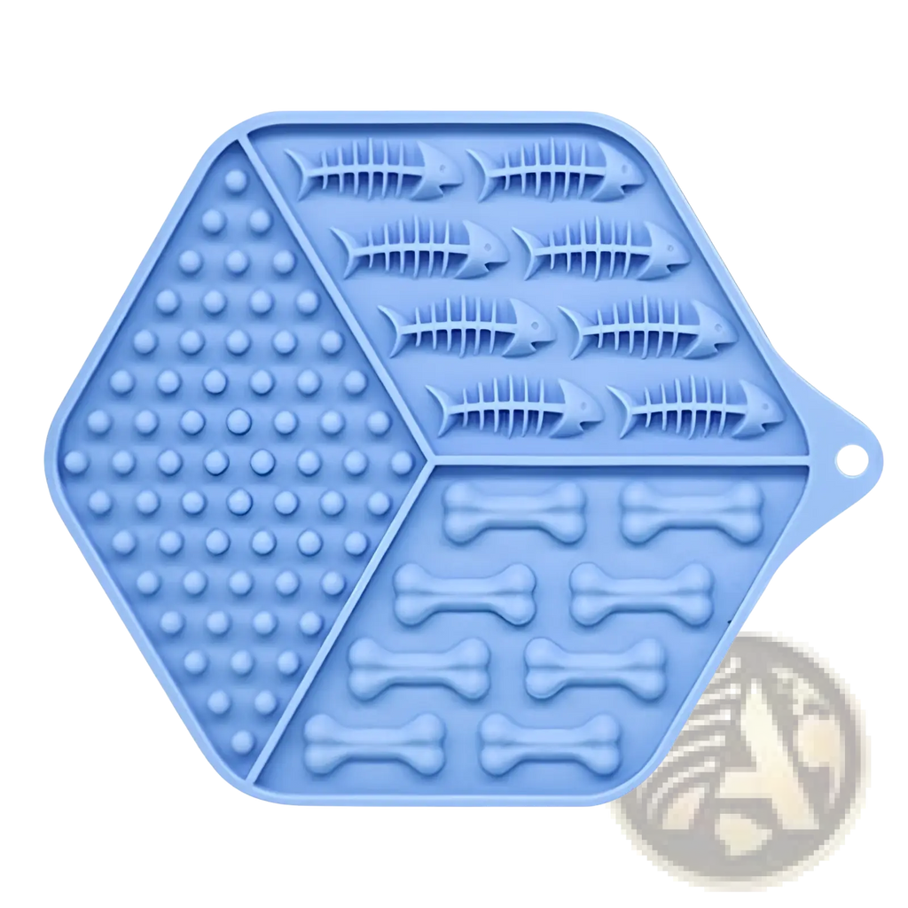 Light blue hexagonal silicone dog lick mat puzzle feeding pad with raised fish and bone-shaped indentations