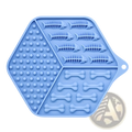 Light blue hexagonal silicone dog lick mat puzzle feeding pad with raised fish and bone-shaped indentations