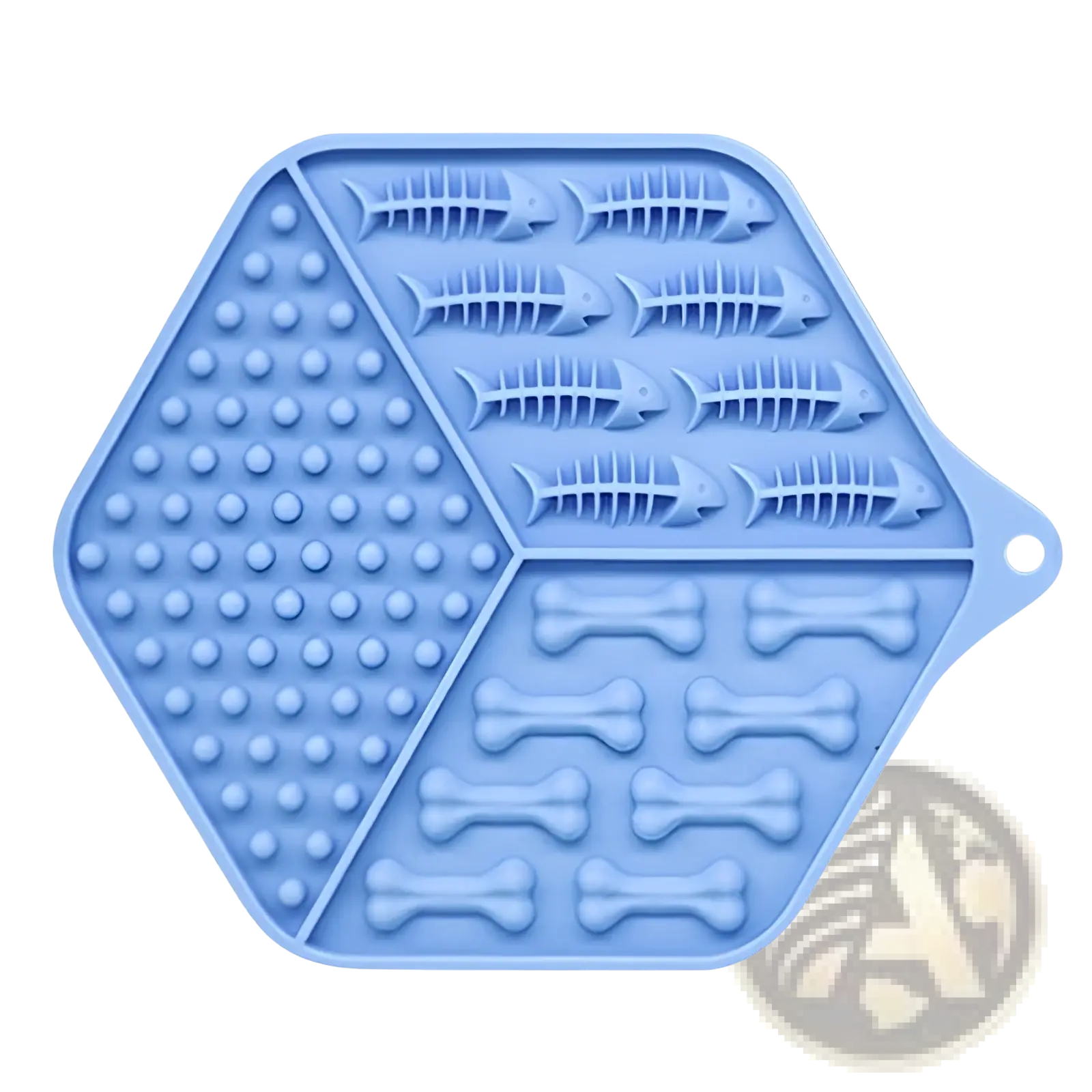 Light blue hexagonal silicone dog lick mat puzzle feeding pad with raised fish and bone-shaped indentations