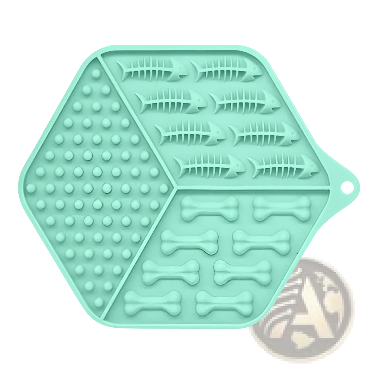 Light green hexagonal silicone dog lick mat puzzle feeding pad with textured fish skeleton and bone shapes