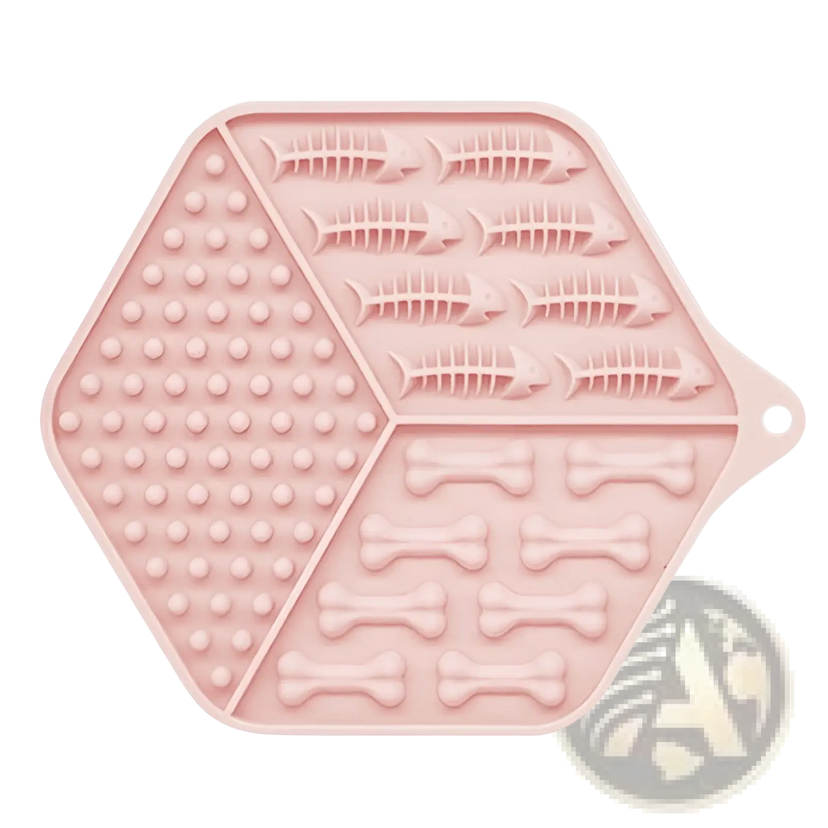 Pink hexagonal silicone dog lick mat puzzle feeding pad with fish skeleton and bone textured sections