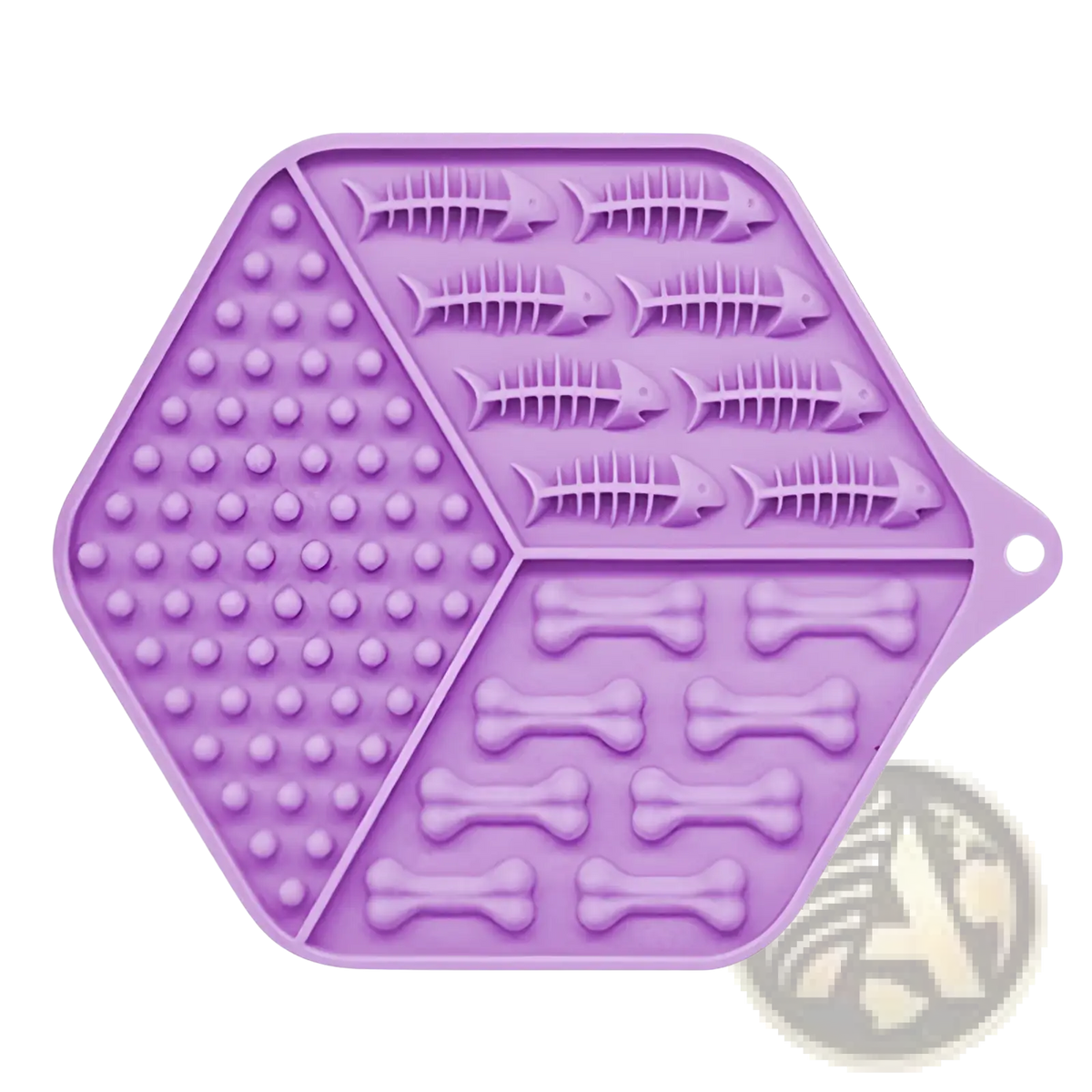 Purple hexagonal silicone dog lick mat puzzle feeding pad with textured fish skeleton and bone sections
