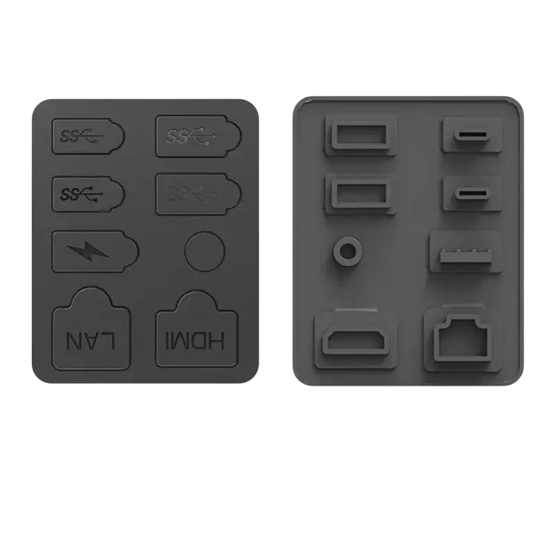 Black silicone dust plugs set designed for ps5 slim and pro console ports to protect from dust and debris