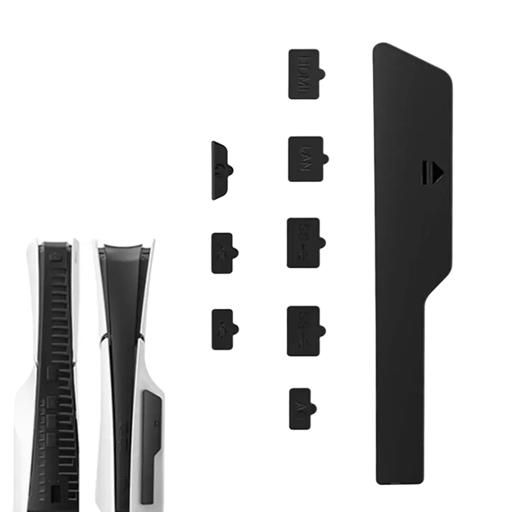 Black silicone dust plugs set for playstation 5 pro and slim console ports to prevent dust accumulation