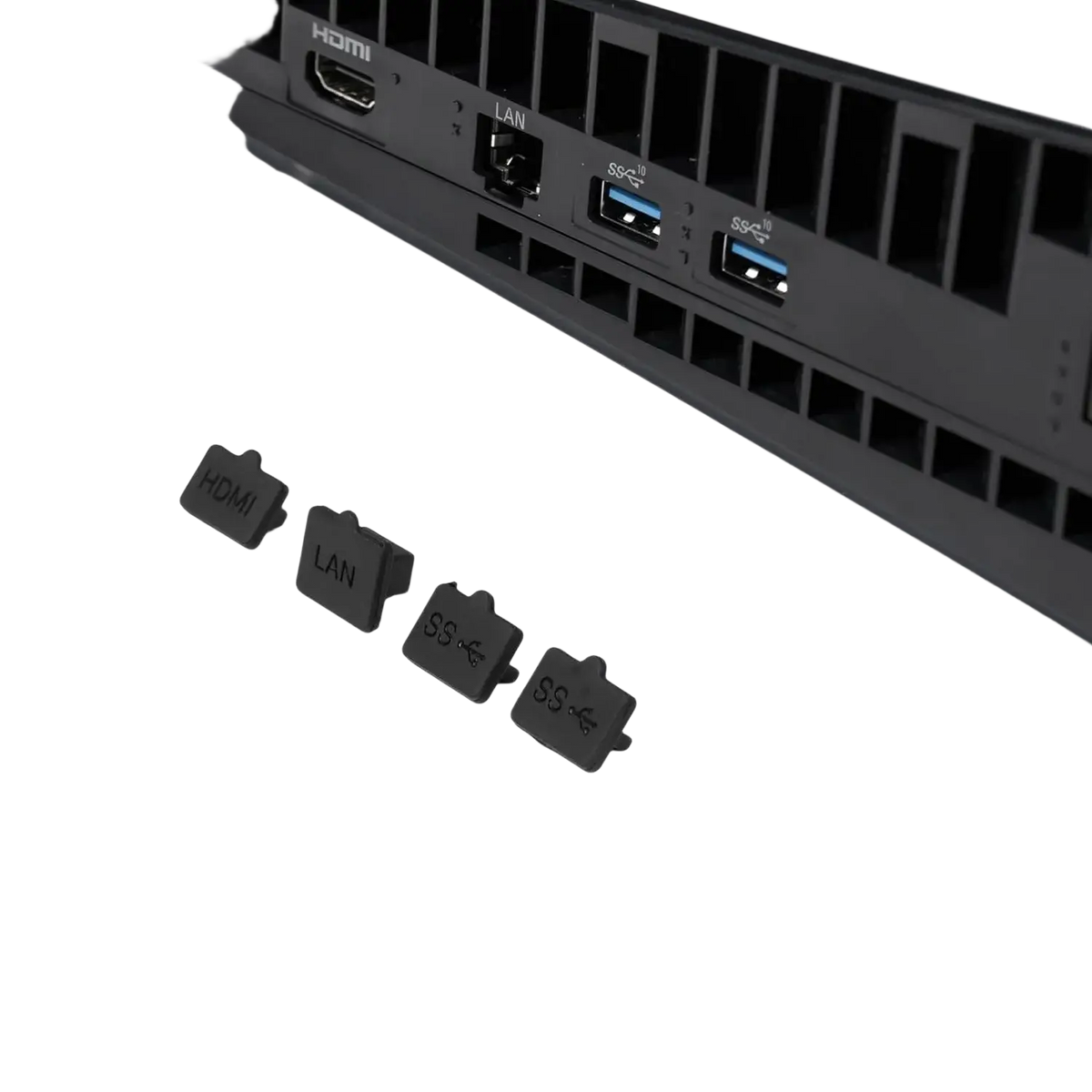 Black silicone dust plugs for ps5 pro and slim protecting hdmi lan and usb ports on the console backside