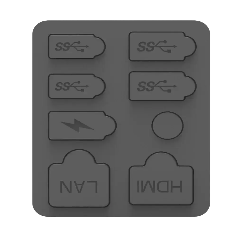 Dark gray silicone dust plugs for ps5 pro and slim with raised embossed usb hdmi lan and lightning bolt icons
