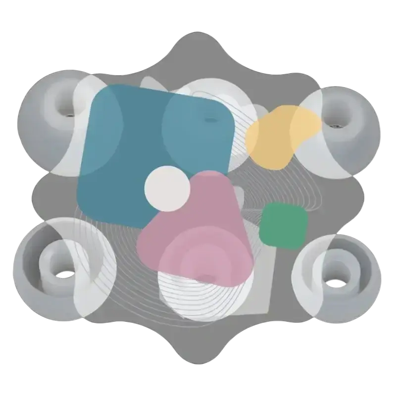 Abstract digital art with overlapping translucent geometric shapes in pastel hues behind black white silicone earphone tips for in-ear headphones lost ear pads