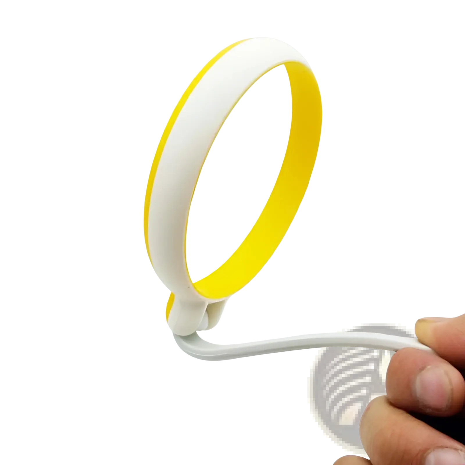 A sleek white and yellow silicone egg ring round omelette mold with handle and a flexible minimalist wristband design