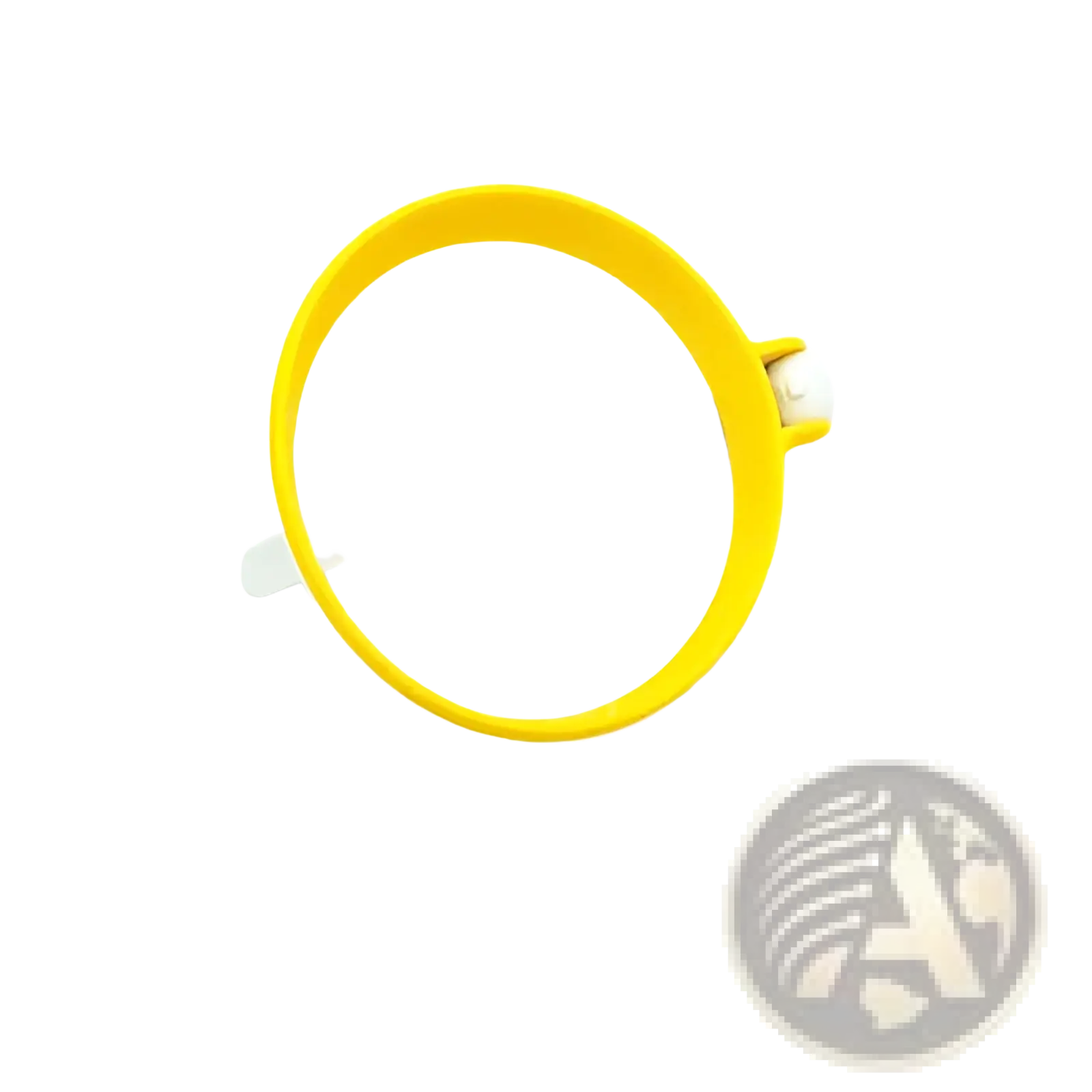 Bright yellow plastic wristband with white strap and buckle shown with silicone egg ring round omelette mold handle