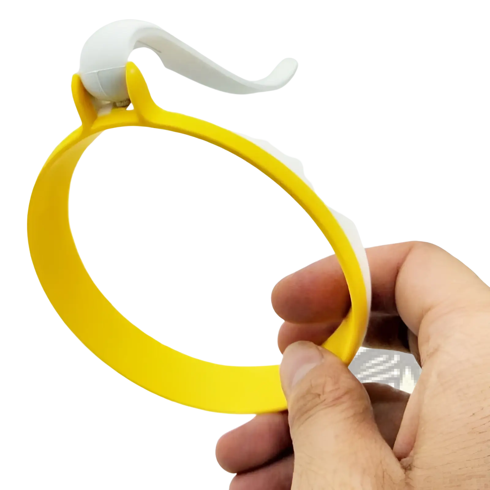 Yellow and white plastic wristband with curved hook attachment shown from the back side of silicone egg ring omelette mold