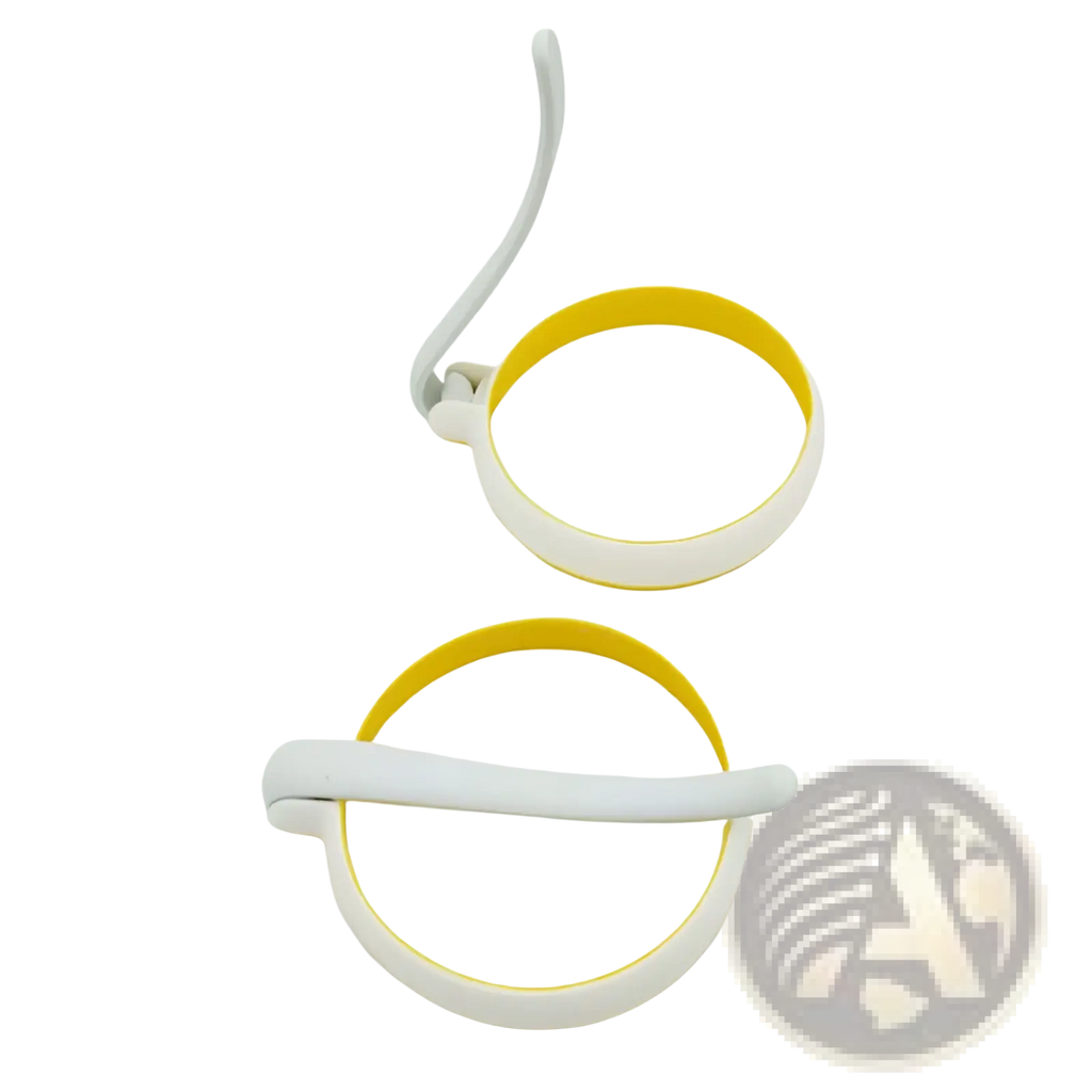 White and yellow silicone egg ring round omelette mold with white plastic handle for easy cooking use
