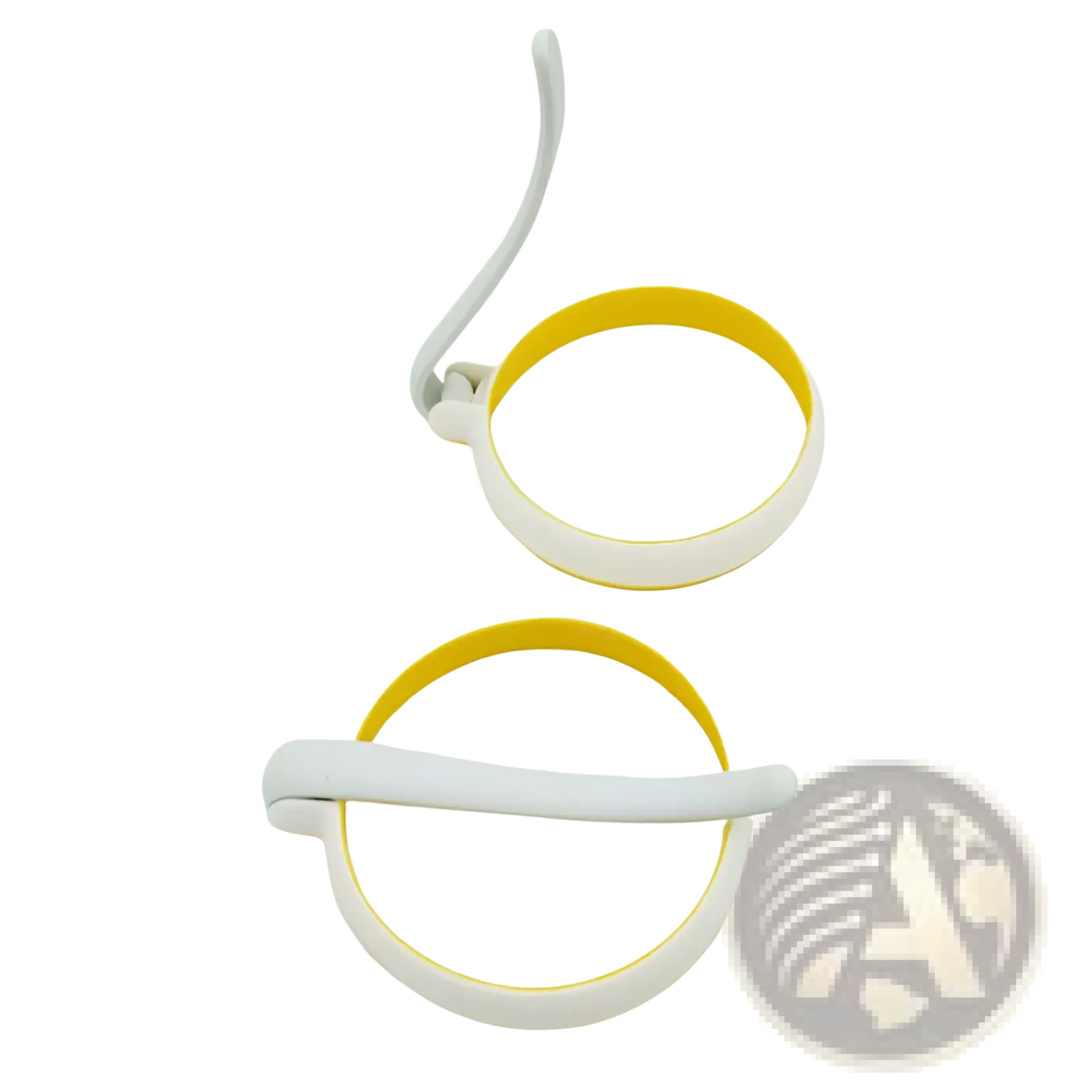 White and yellow silicone egg ring round omelette mold with white plastic handle for easy cooking use