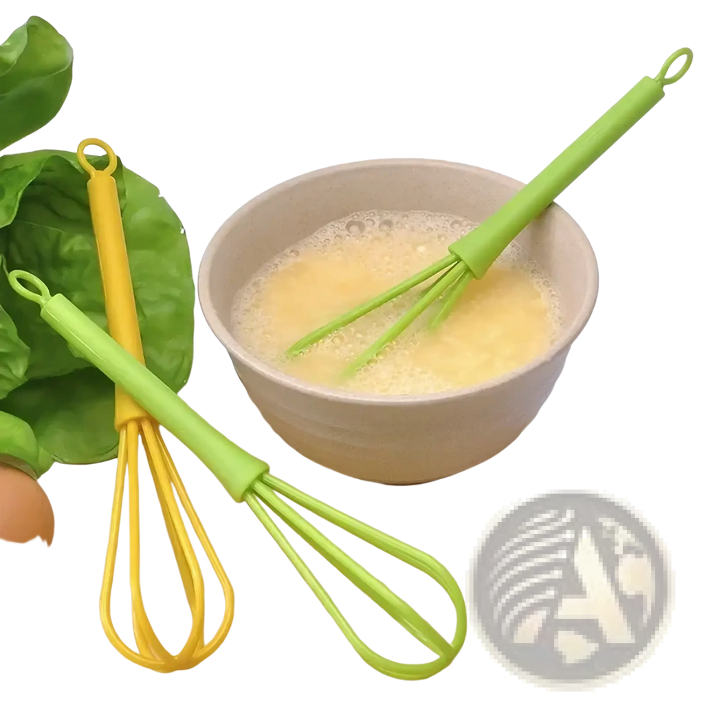 Set of two colorful silicone-handled egg beaters in lime green and yellow for kitchen hand mixing tasks