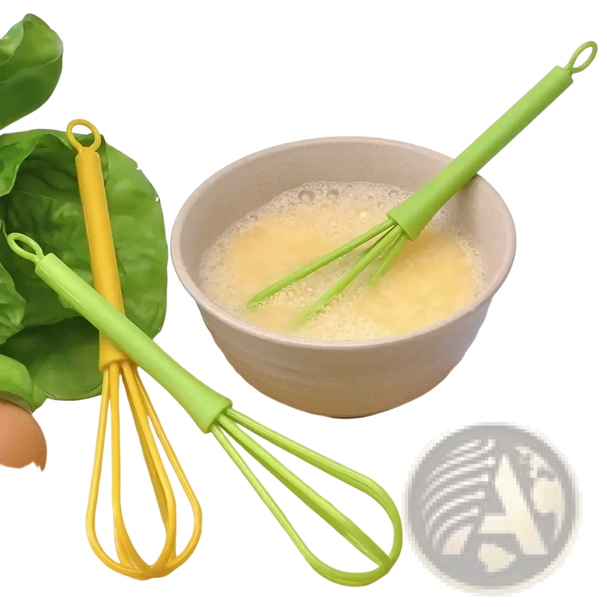 Set of two colorful silicone-handled egg beaters in lime green and yellow for kitchen hand mixing tasks