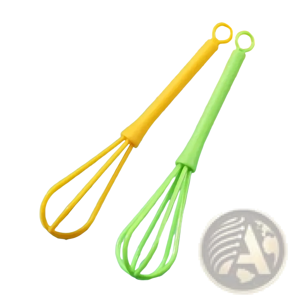 Two colorful silicone egg whisk kitchen hand mixer tools in yellow and lime green with looped handles for hanging