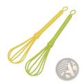 Two silicone egg whisks in yellow and lime green designed as kitchen hand mixer tools for efficient mixing