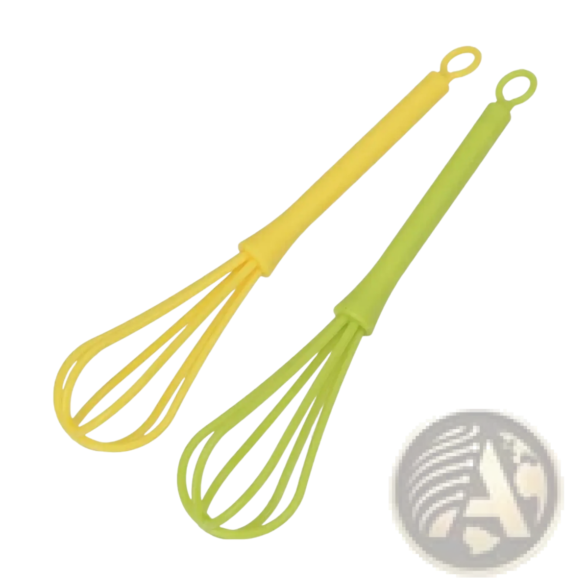 Two silicone egg whisks in yellow and lime green designed as kitchen hand mixer tools for efficient mixing