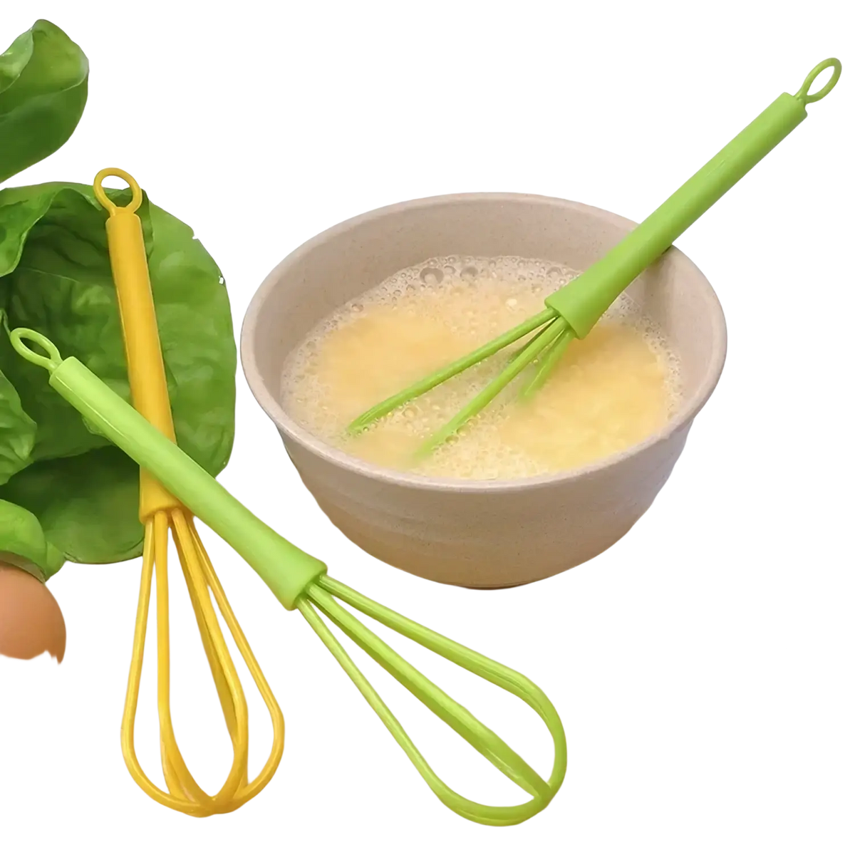Set of two colorful silicone-handled egg beaters in lime green and yellow for kitchen hand mixing tasks