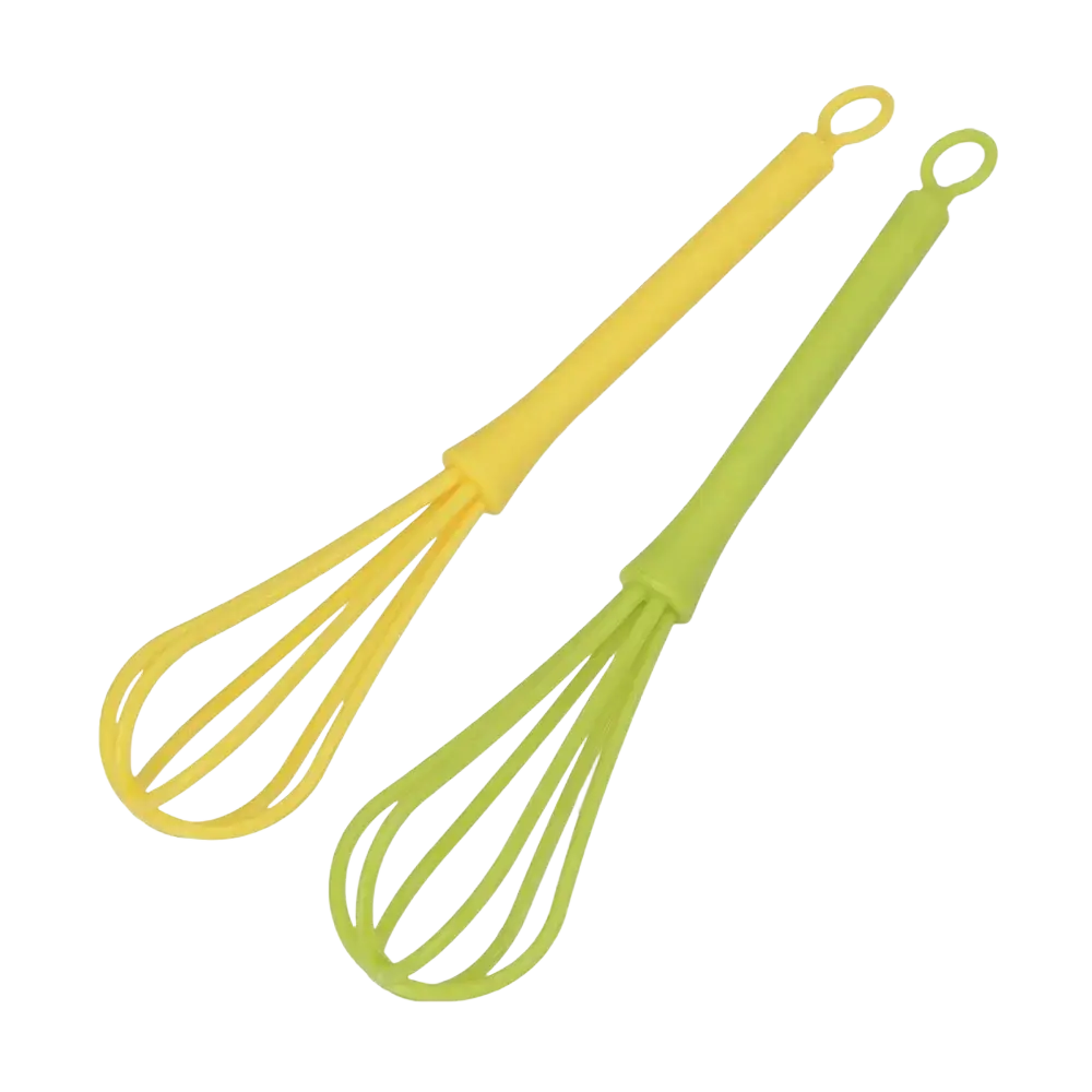Two silicone egg whisks in yellow and lime green designed as kitchen hand mixer tools for efficient mixing