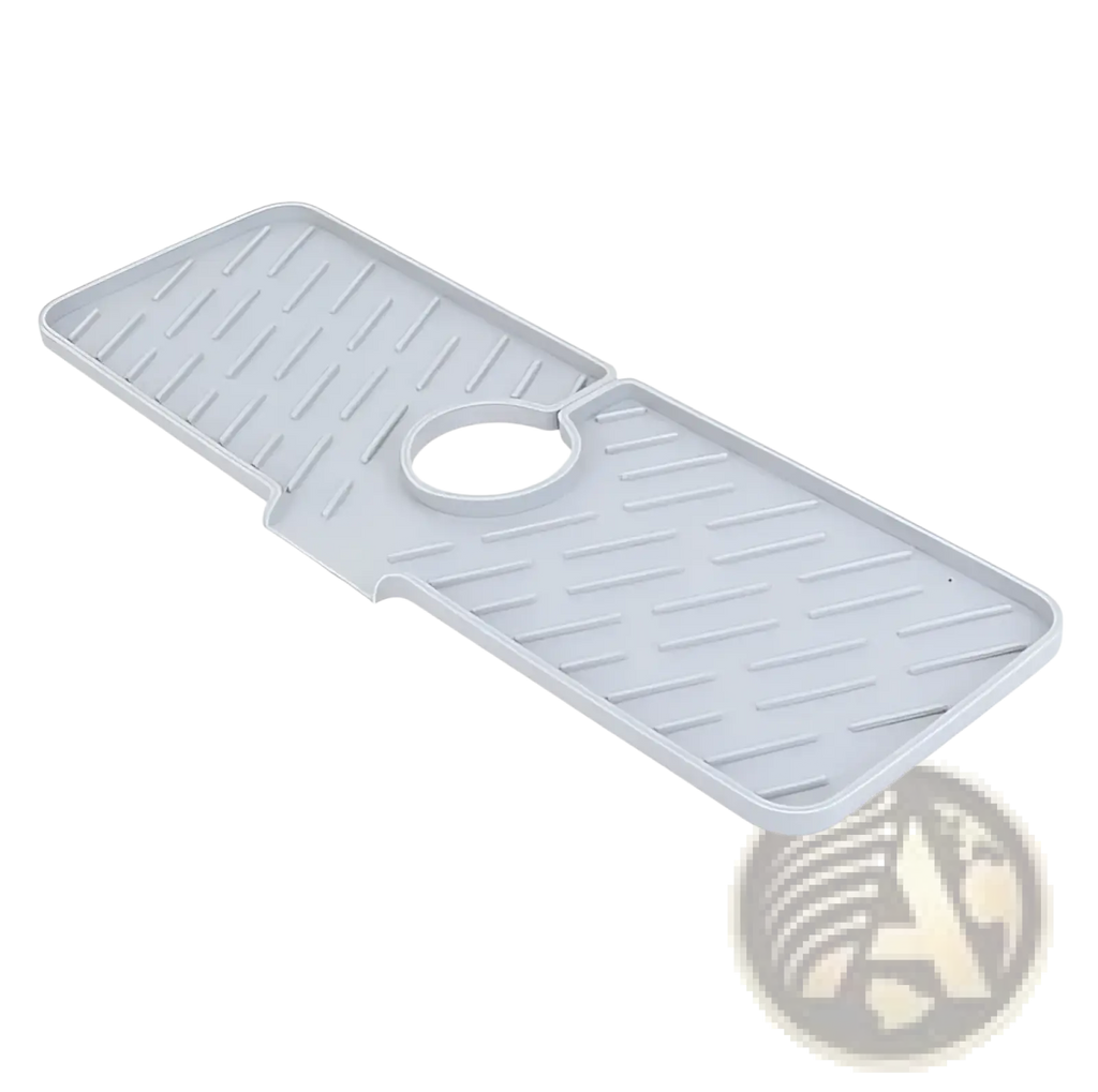 Gray silicone faucet mat kitchen sink splash guard drain pad with central cutout and textured ridged surface
