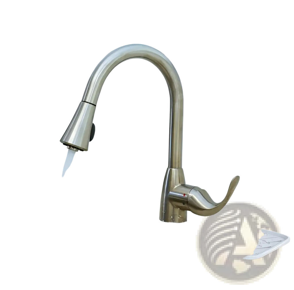 Brushed stainless steel kitchen faucet with sleek curved spout and pull-down spray head for silicone faucet mat use