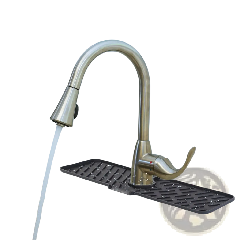 Stainless steel kitchen faucet with curved spout and pull-down spray head beside silicone faucet mat splash guard pad