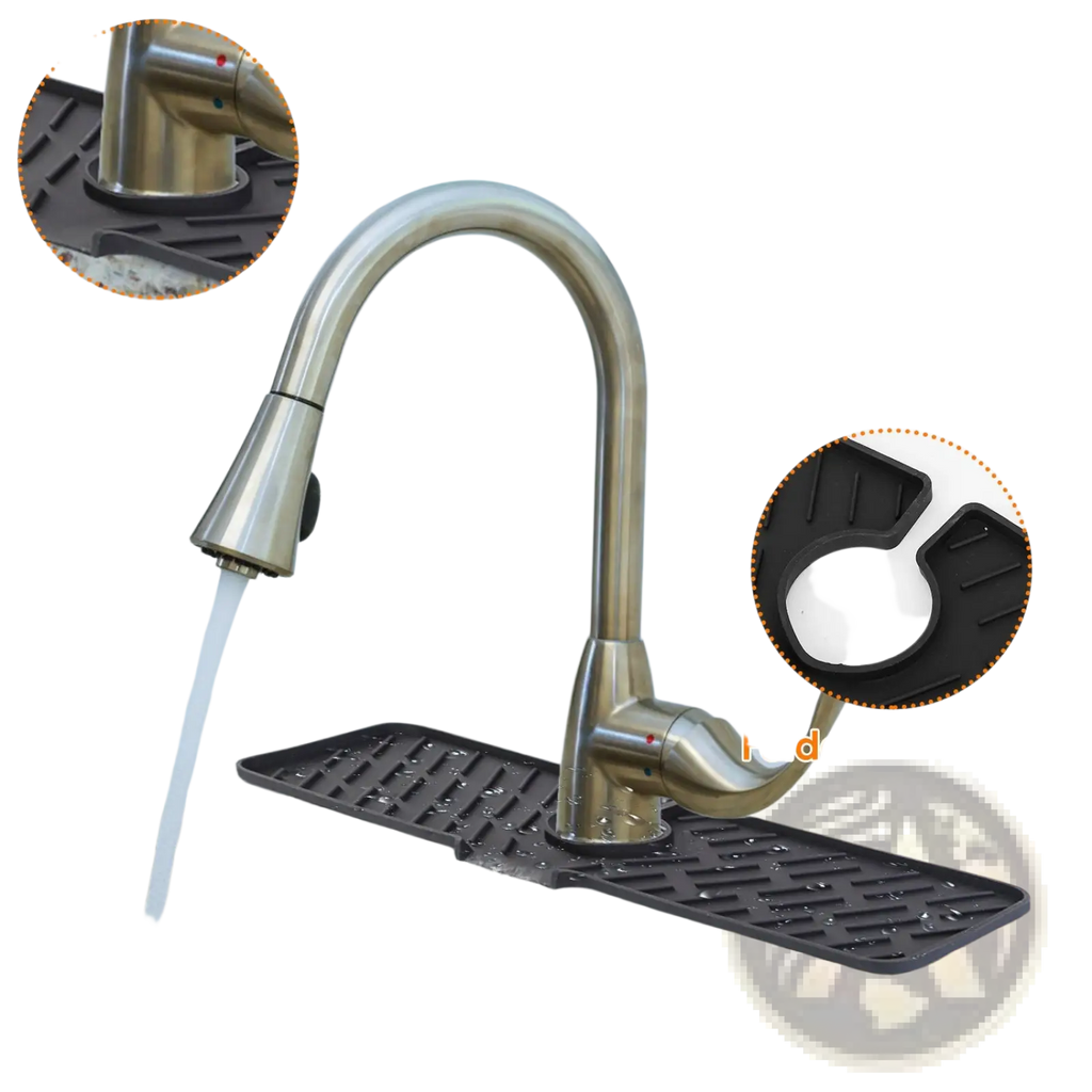 Black foldable silicone faucet mat with self-draining design and textured surface for kitchen sink splash guard pad