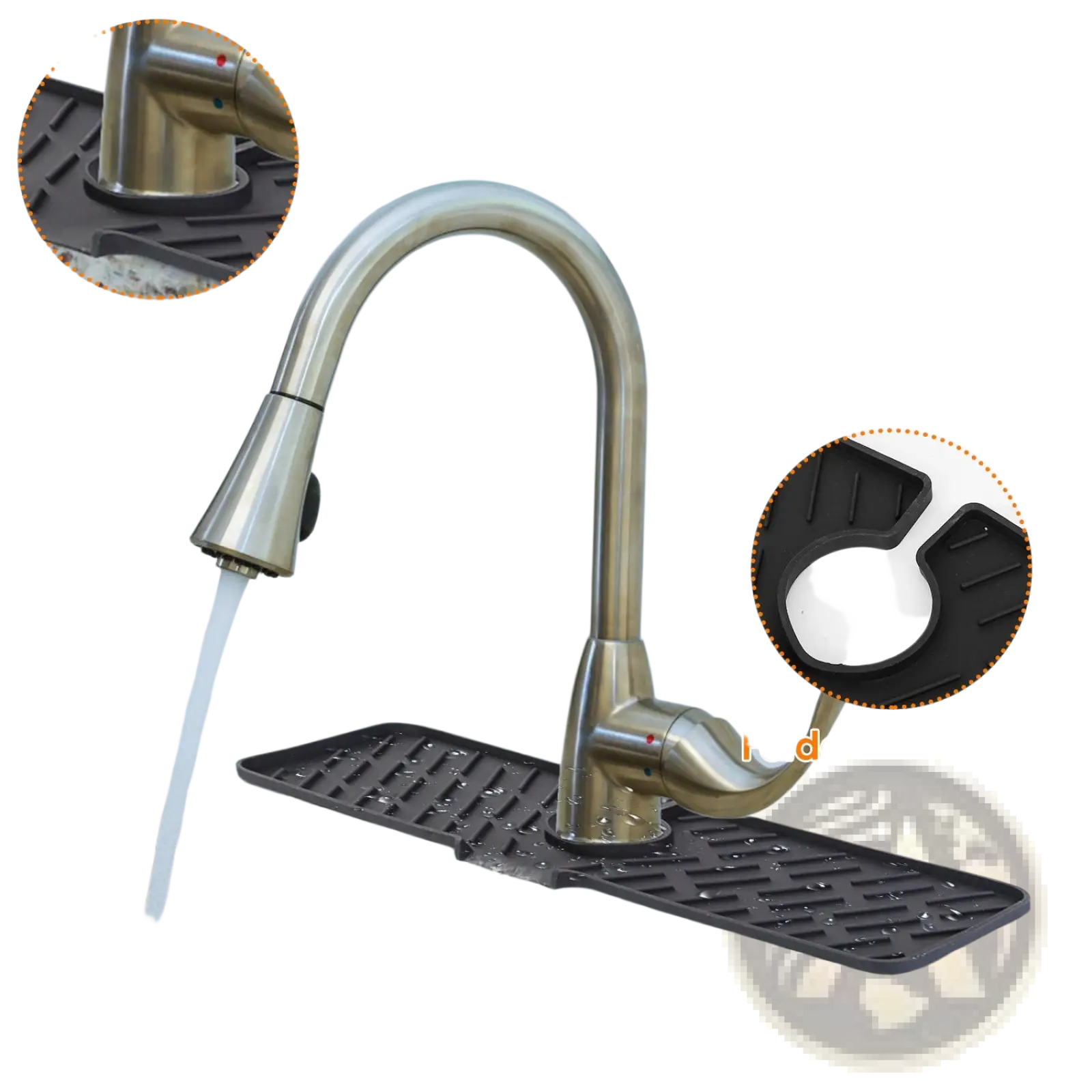 Black foldable silicone faucet mat with self-draining design and textured surface for kitchen sink splash guard pad