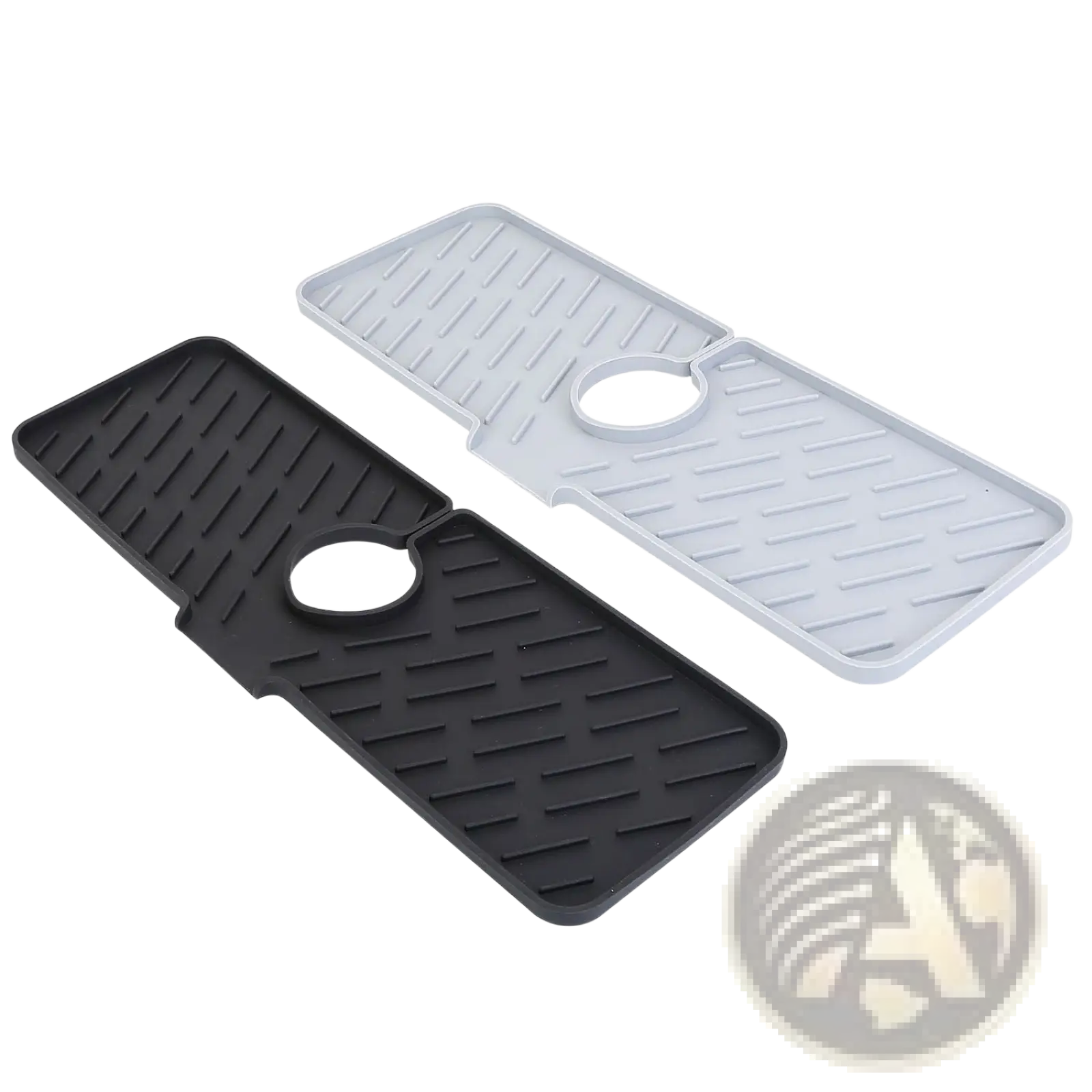 Black and gray silicone kitchen sink mat with textured surface and circular cutout for splash guard protection