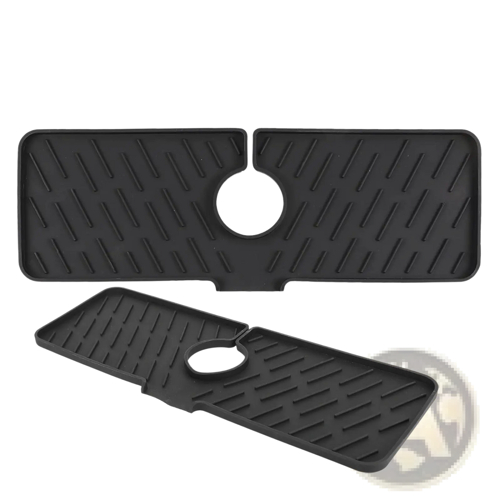 Black silicone faucet mat kitchen sink splash guard pad with central circular cutout and diagonal ridged non-slip texture
