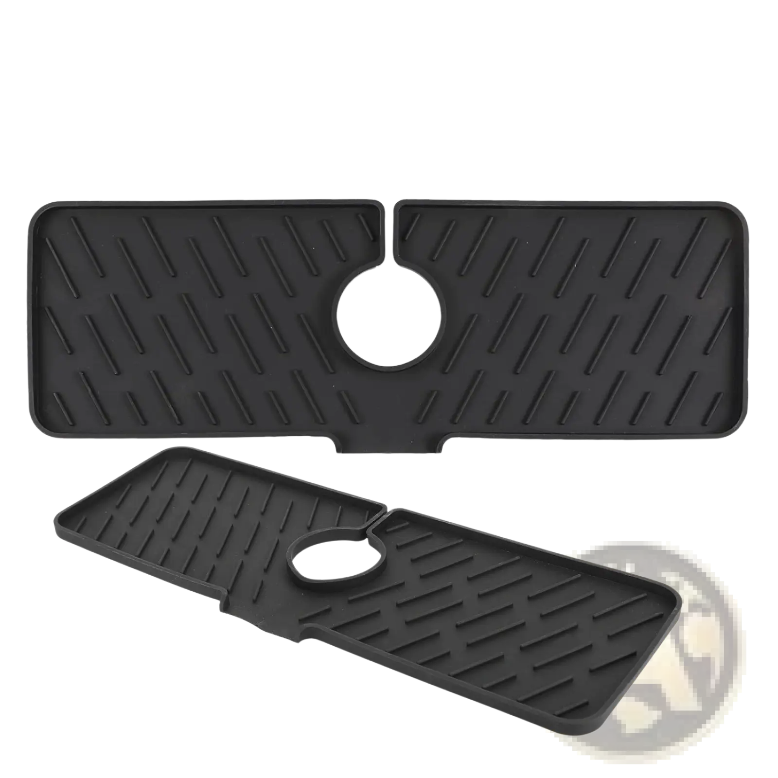 Black silicone faucet mat kitchen sink splash guard pad with central circular cutout and diagonal ridged non-slip texture
